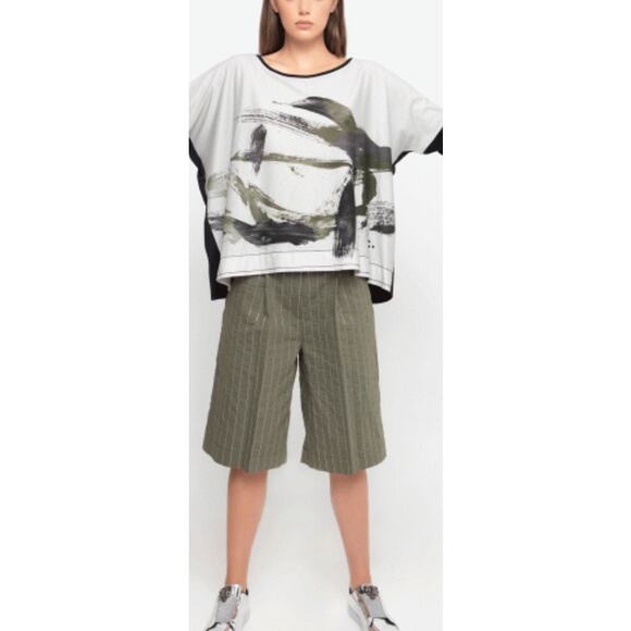 OZAI N KU Striped Wide Leg Bermuda Shorts M Olive Green M - Picture 1 of 14